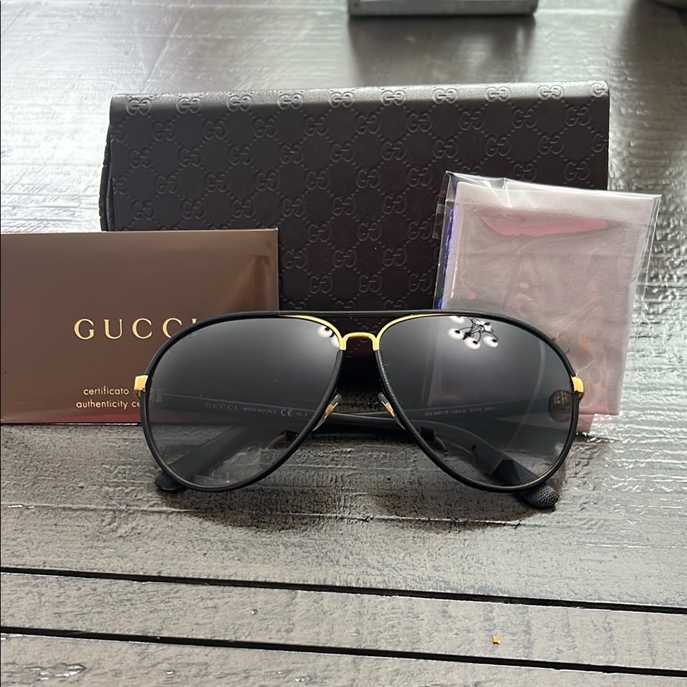 Gucci Gold-Trimmed Black Aviator Sunglasses